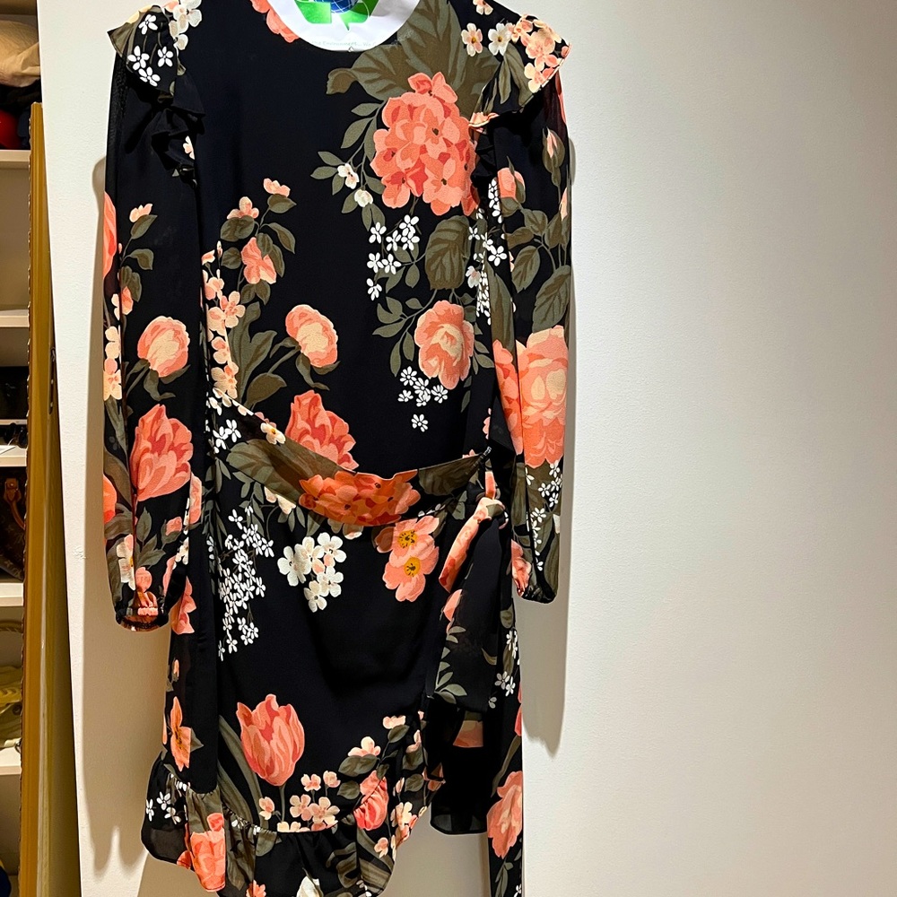 Reformation short floral wrap dress with long sleeves